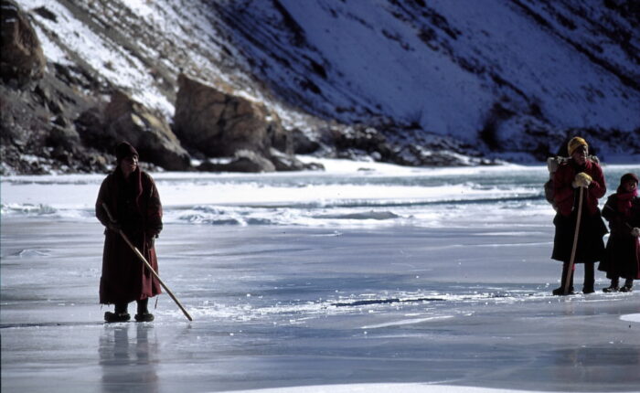Trekkers walking on the frozen Zanskar River during the Chadar Trek, surrounded by steep icy cliffs and snow-covered terrain in Ladakh