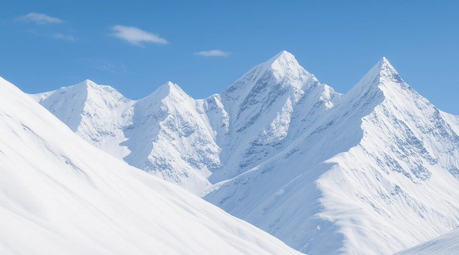 Snow-capped Menthosa Peak rising above the Indian Himalayas, a challenging high-altitude climbing expedition near Lahaul and Spiti, Himachal Pradesh, India
