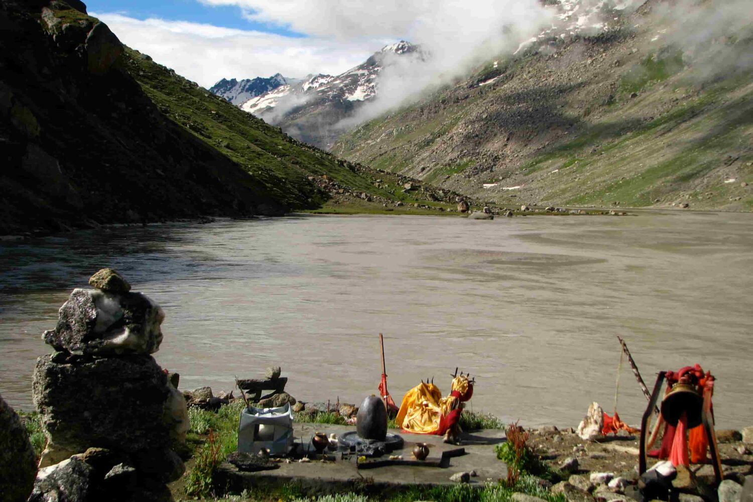 A Shivling in front of Mantalai Lake on the Pin Parvati Pass Trek in the Himalayas.