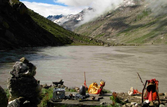 A Shivling in front of Mantalai Lake on the Pin Parvati Pass Trek in the Himalayas.