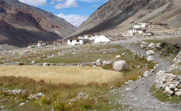 Trekkers starting Zanskar Valley Trek at Tsokar Lake Chang-Thang Plateau Ladakh India – high-altitude Himalayan trek.