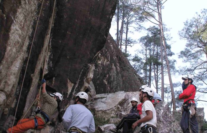 Trainees practicing rope systems and belaying techniques in a forest training zone during the Private Basic Mountaineering Course in Manali India under instructor supervision.