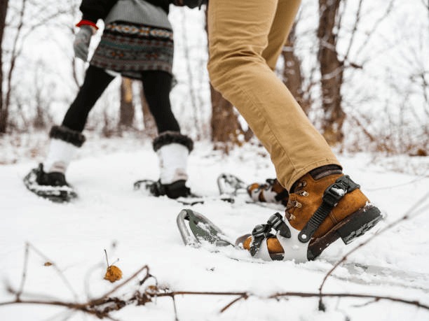 Close-up of a couple’s legs snowshoeing through a snow-covered cedar forest in Manali, Himachal Pradesh
