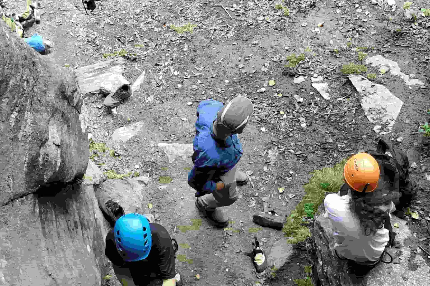 Rock climbing belay setup and safety training in Sethan near Manali, Indian Himalayas