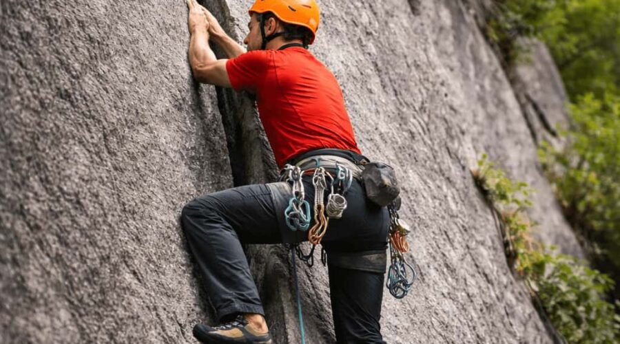 Rock climber practicing crack climbing technique in Sethan near Manali, Indian Himalayas with certified guides